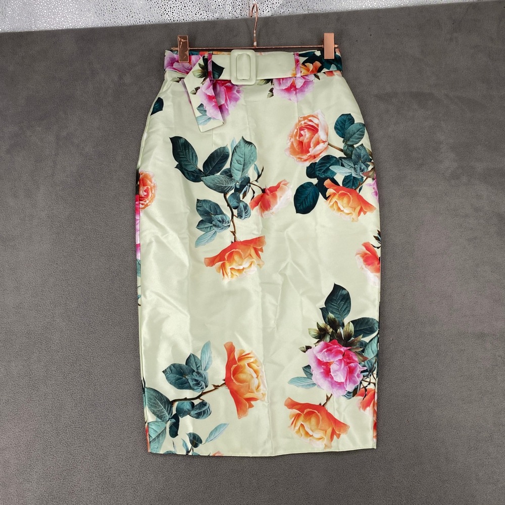 ASOS LUXE Floral Satin Belted Midi Pencil Skirt Green Pink Rose US‎ 6